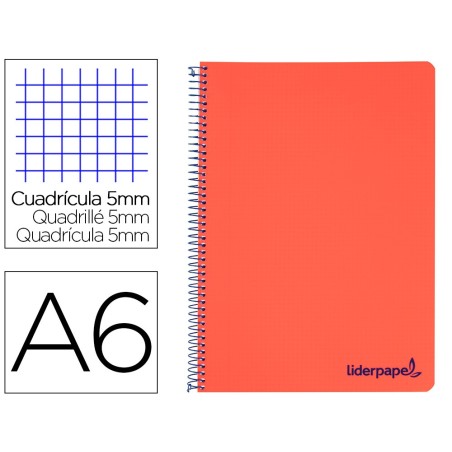 Cuaderno espiral liderpapel a6 micro wonder tapa plastico 120h 90 gr cuadro 5mm 4 bandas color rojo