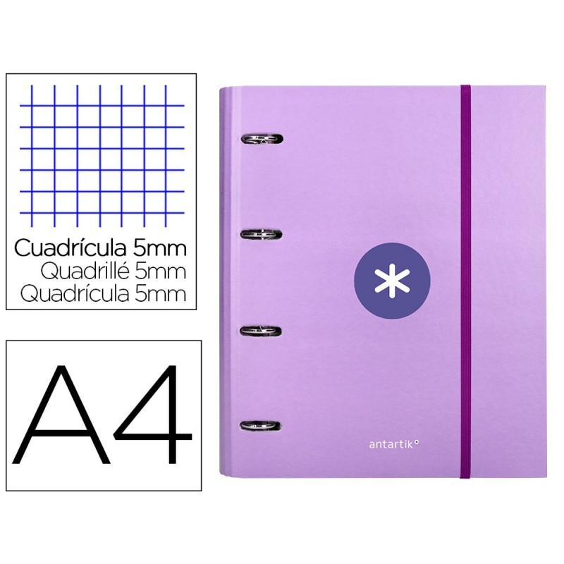 Carpeta con recambio antartik a4 cuadro 5mm forrada 4 anillas 40mm redondas con solapa color lavanda Carpeta con recambio antartik a4 cuadro 5mm forrada 4 anillas 40mm redondas con solapa color lavanda