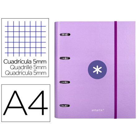 Carpeta con recambio antartik a4 cuadro 5mm forrada 4 anillas 40mm redondas con solapa color lavanda