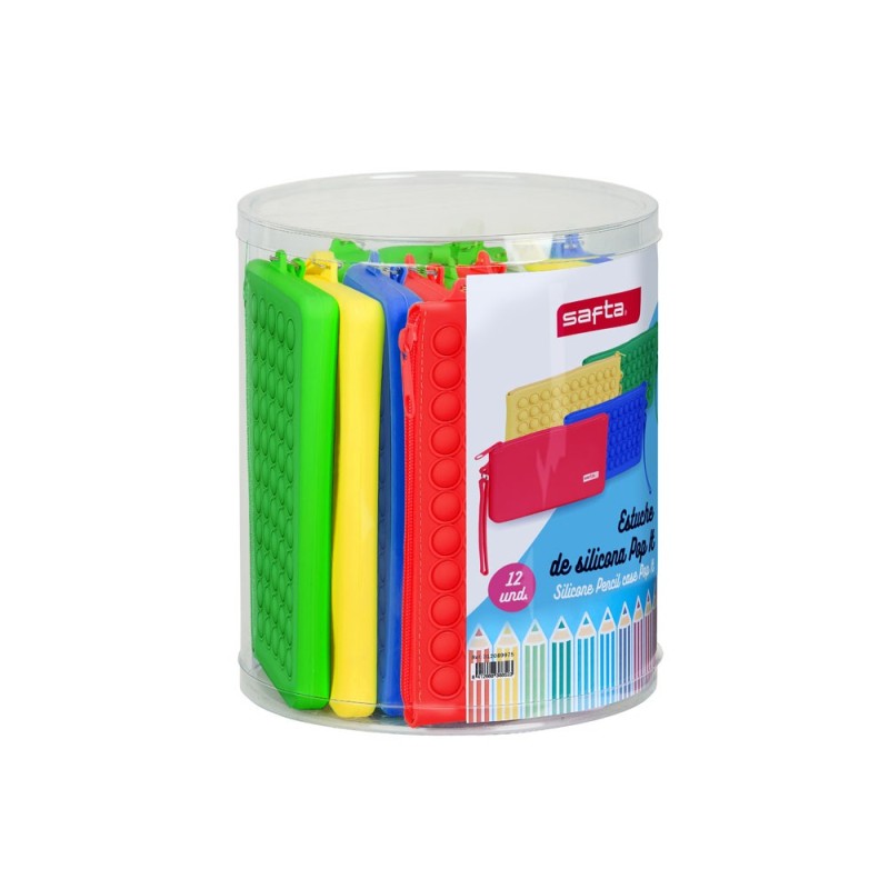 Bolso escolar safta portatodo plano silicona pop it expositor de 12 unidades 170x210 mm