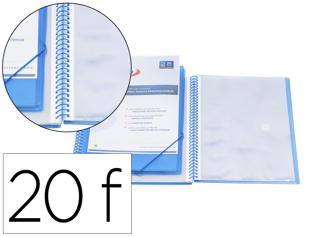 Carpeta Pardo Escaparate con Espiral 20 Fundas Polipropileno con Gomas Personalizable Color Azul
