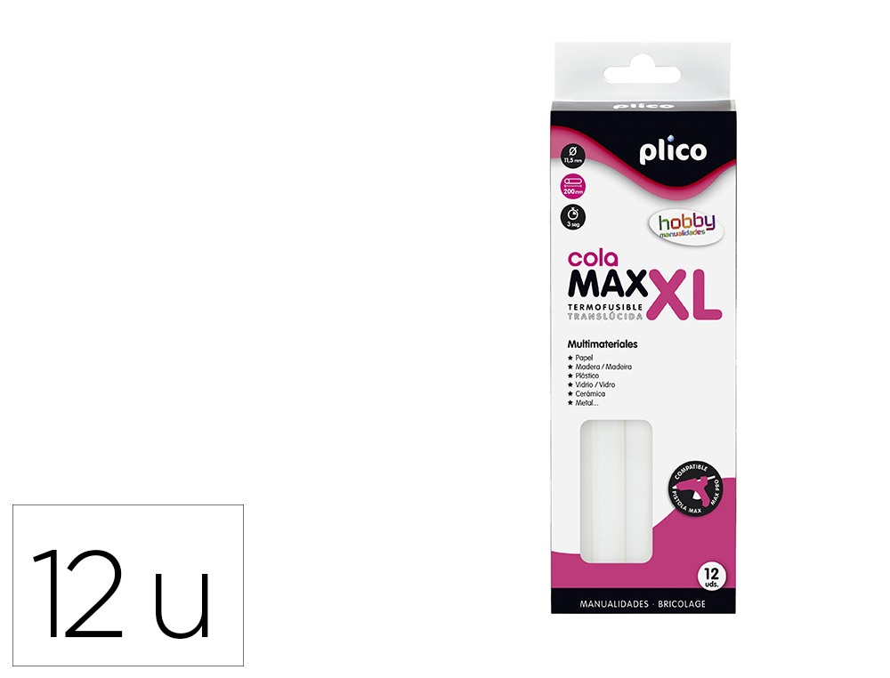 Barra Termofusible Plico Cola Max Xl Baja Temperatura 11,5 mm de Diametro x 200 mm de Alto Blister de 12 Unidades