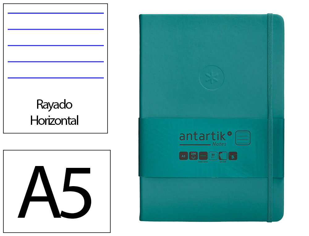 Cuaderno con Gomilla Antartik Notes Tapa Dura A5 Hojas Rayas Verde Aguamarina 100 Hojas 80 gr Fsc