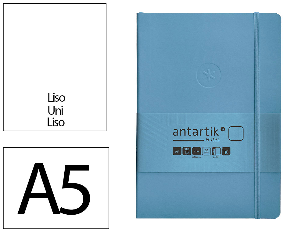 Cuaderno con Gomilla Antartik Notes Tapa Blanda A5 Hojas Lisas Azul Claro 80 Hojas 80 gr Fsc