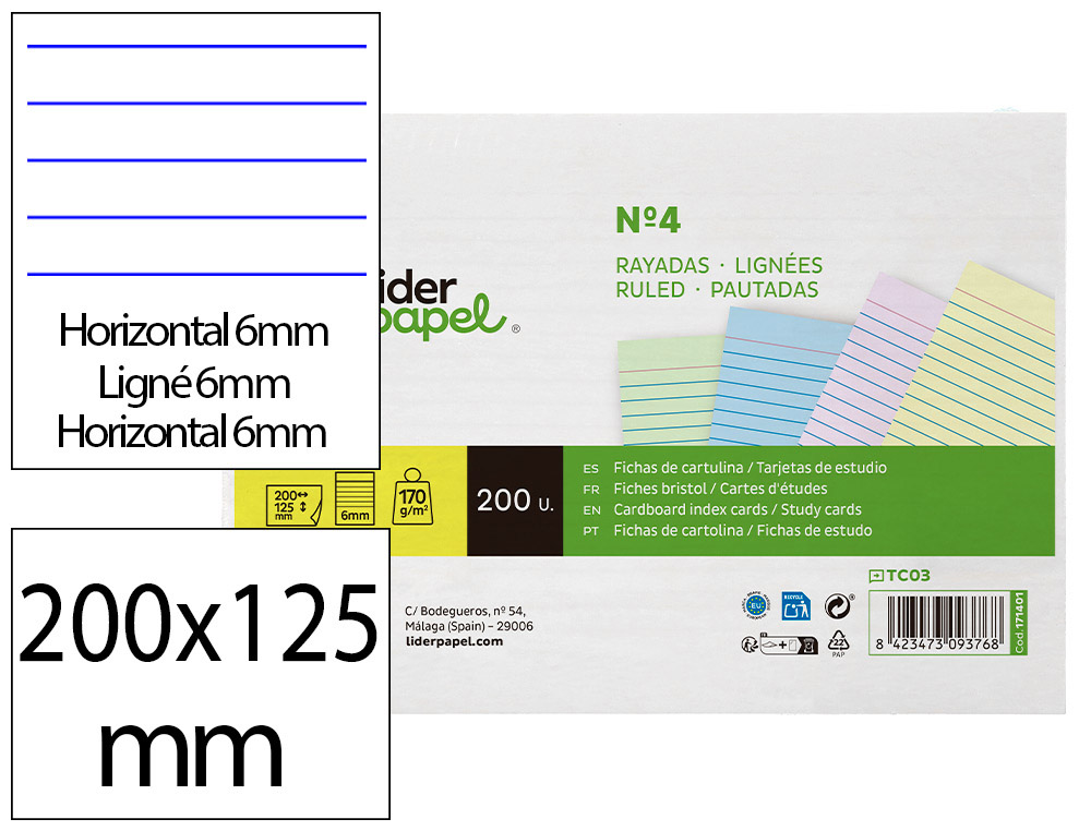 Tarjeta Liderpapel para Estudiar Rayada Cartulina de Colores 170gr 125x200mm Paquete de 200 Unidades