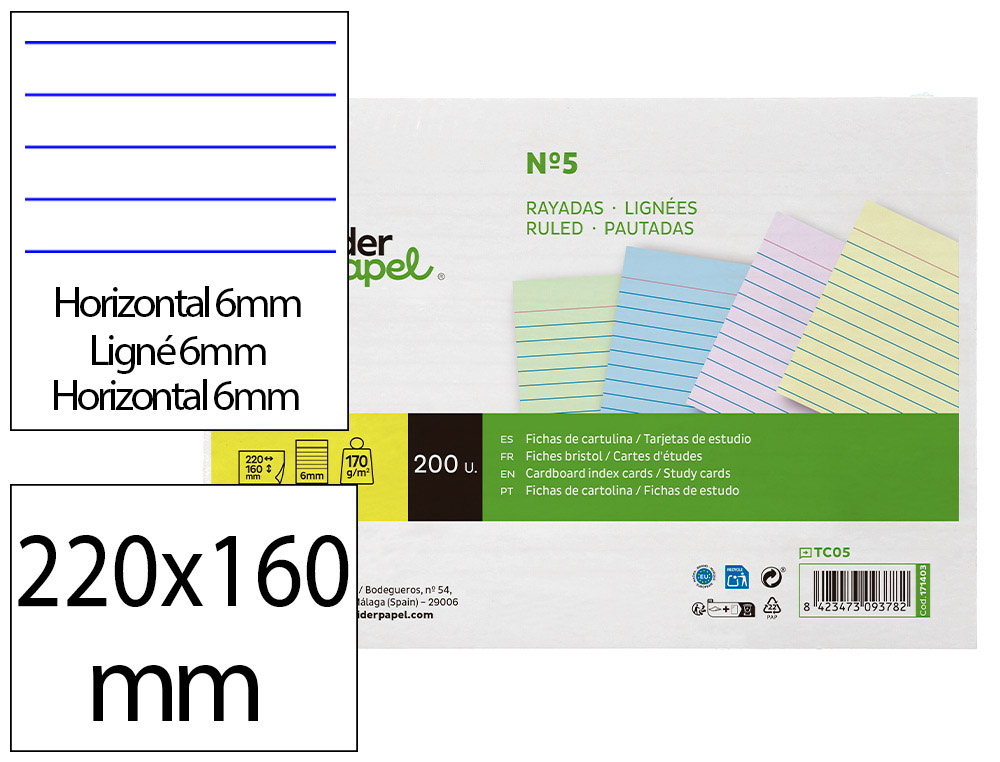 Tarjeta Liderpapel para Estudiar Rayada Cartulina de Colores 170gr 160x220mm Paquete de 200 Unidades