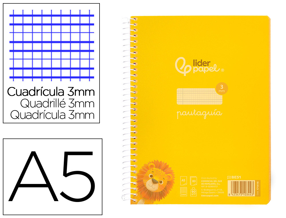 Cuaderno Espiral Liderpapel A5 Pautaguia Tapa Plastico 80h 90gr Cuadro Pautado 3 mm con Margen Color Amarillo