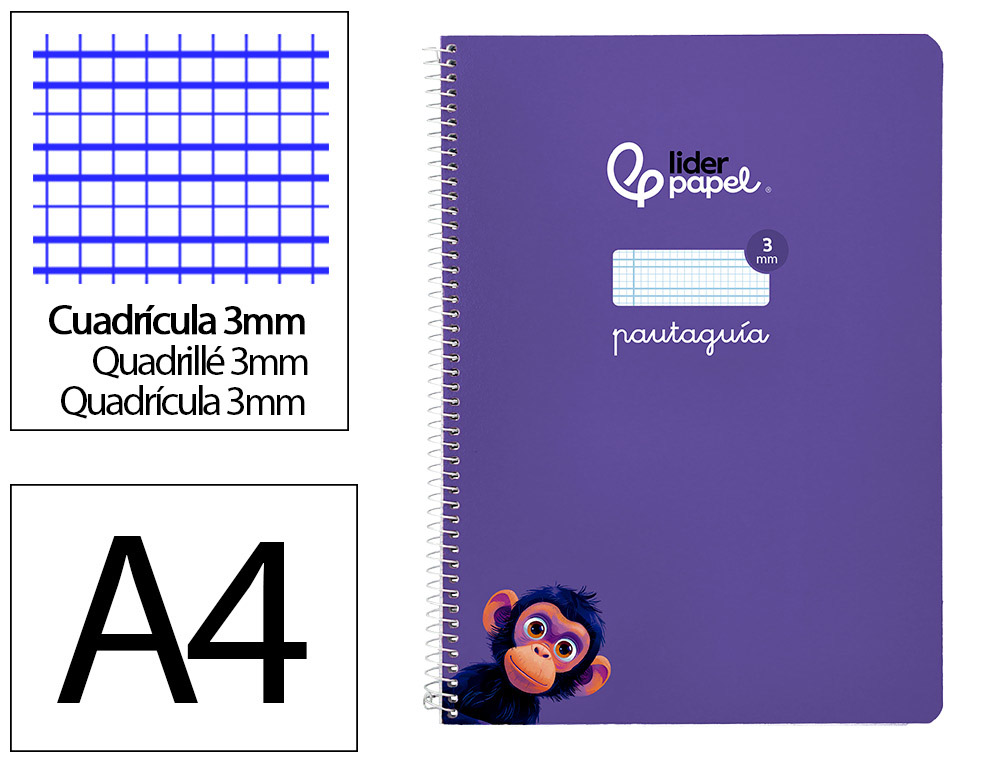 Cuaderno Espiral Liderpapel A4 Pautaguia Tapa Blanda 80h 75gr Cuadro Pautado 3mm Color Lila