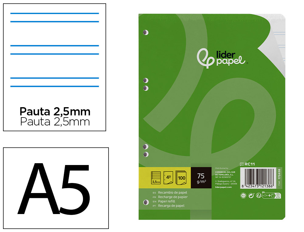 Recambio Liderpapel A5 100 Hojas 75gr Pauta 5 2.5mm con Margen 6 Taladros