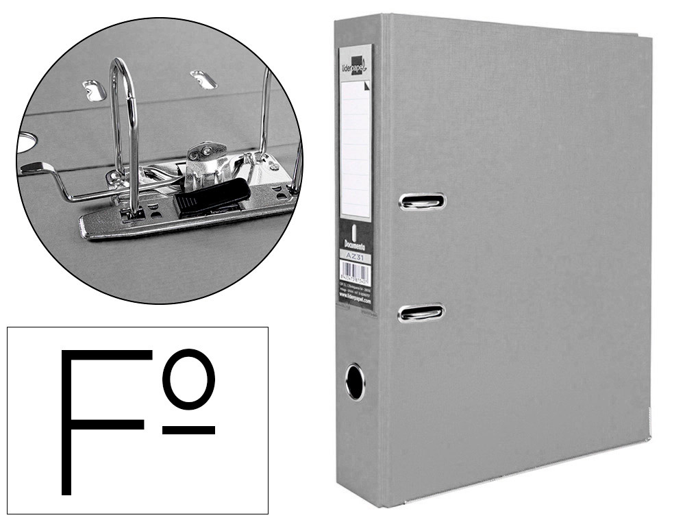 Archivador de Palanca Liderpapel Folio Documenta Forrado PVC con Rado Lomo 75mm Gris Compresor Metalico