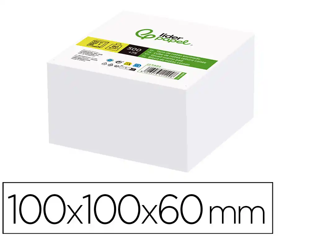 Taco Papel Liderpapel Encolado Blanco 500+75 Hojas 100x100x60 mm 80 gr