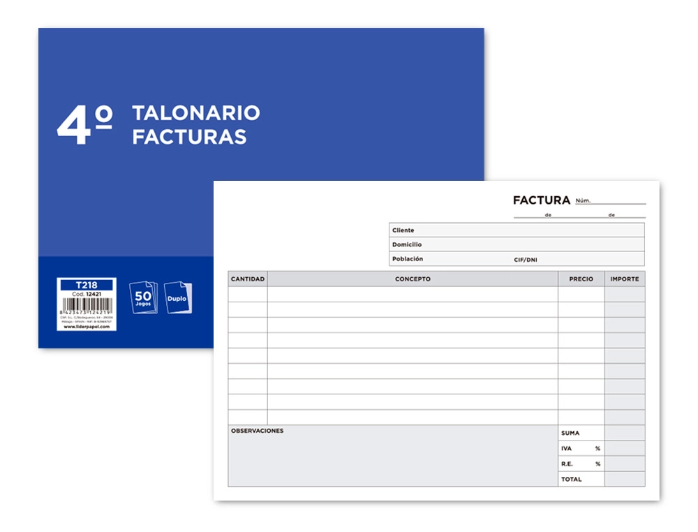 Talonario Liderpapel Facturas Cuarto Original y Copia t218 Apaisado con I.V.A.