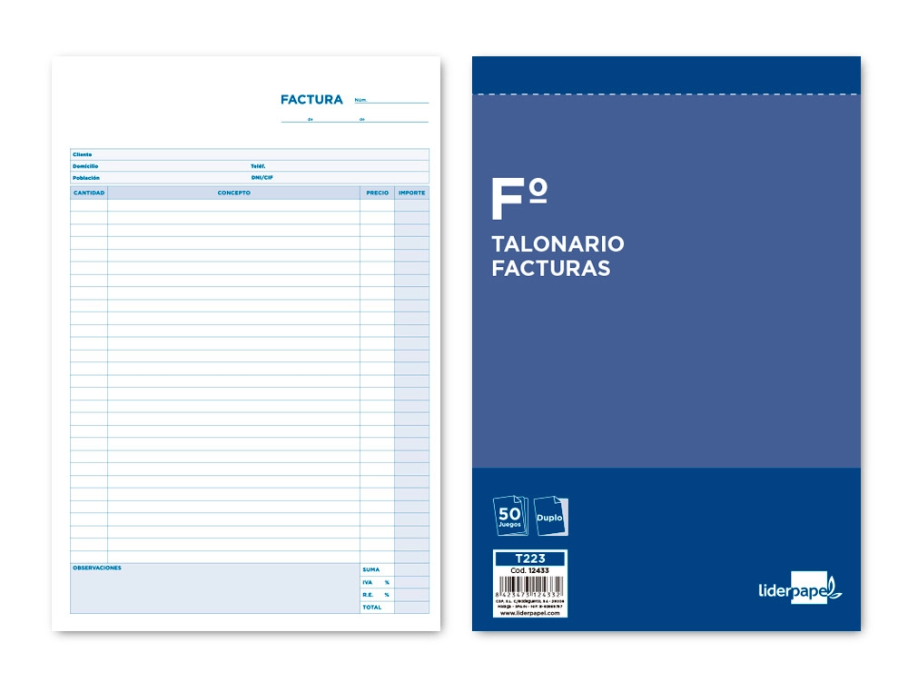 Talonario Liderpapel Facturas Folio Original y Copia t223 con I.V.A.