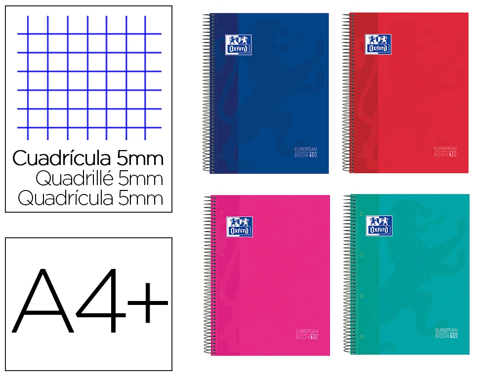 Cuaderno Espiral Oxford Surt Europeanbook 10 School Classic Tapa Extradura DIN a4+ 150 Hojas Cuadro 5 mm con