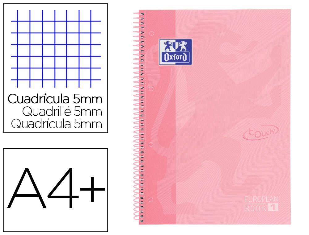 Cuaderno Espiral Oxford Ebook 1 School Touch Te DIN a4+ 80 Hojas Cuadro 5 mm con Margen Flamingo Pastel