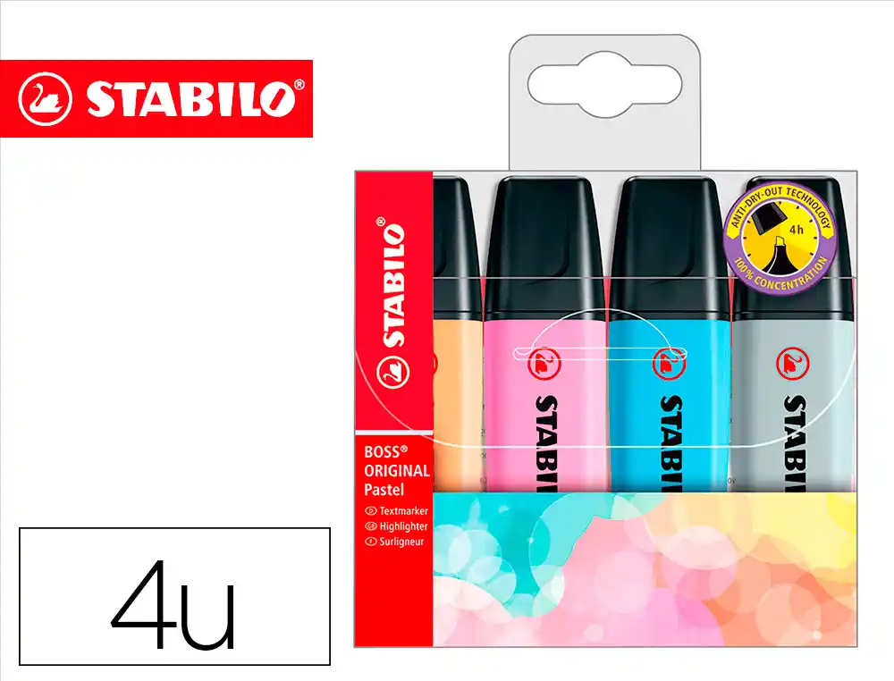 Rotulador Stabilo Boss Fluorescente 70 Pastel Estuche de 4 Unidades Colores Surtidos