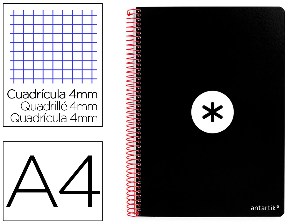 Cuaderno Espiral A4 Antartik Tapa Dura 80h 90gr Cuadro 4mm con Margen Color Negro