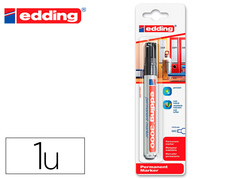 Rotulador Edding Marcador Permanente 3000 Negro N.1 Punta Redonda 1,5-3 mm Blister de 1 Unidad