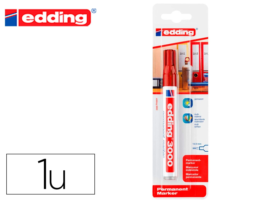 Rotulador Edding Marcador Permanente 3000 Rojo N.2 Punta Redonda 1,5-3 mm Blister de 1 Unidad