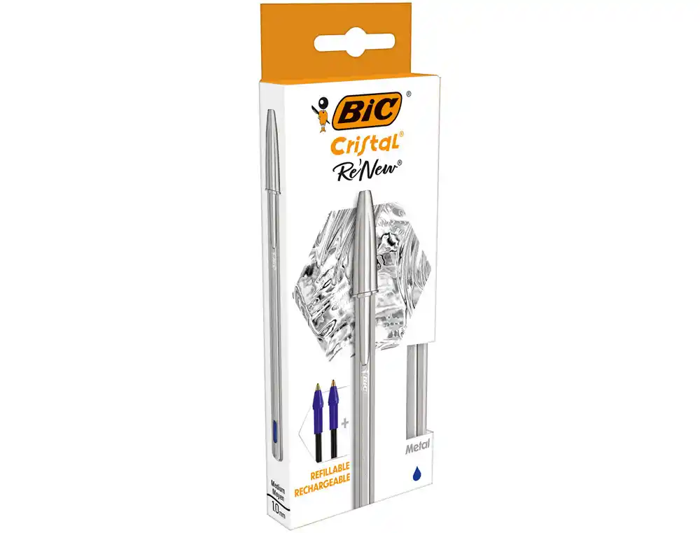 Boligrafo BIC Cristal Renew Cuerpo en Aluminio Mate Tinta Azul + 2 Recambios en Caja de Carton