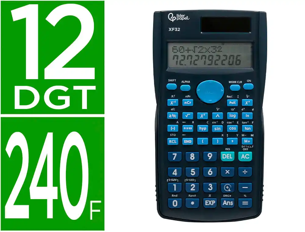 Calculadora Liderpapel Cientifica xf32 12 Digitos 240 Funciones con Tapa Solar y Pilas Color Azul 156x85x20