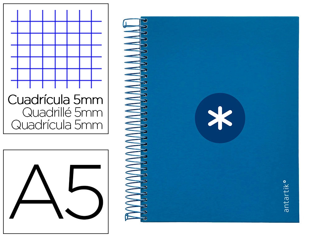 Cuaderno Espiral A5 Micro Antartik Tapa forrada120h 90 gr Cuadro 5mm 5 bandas6 Taladros Color Azul Oscuro