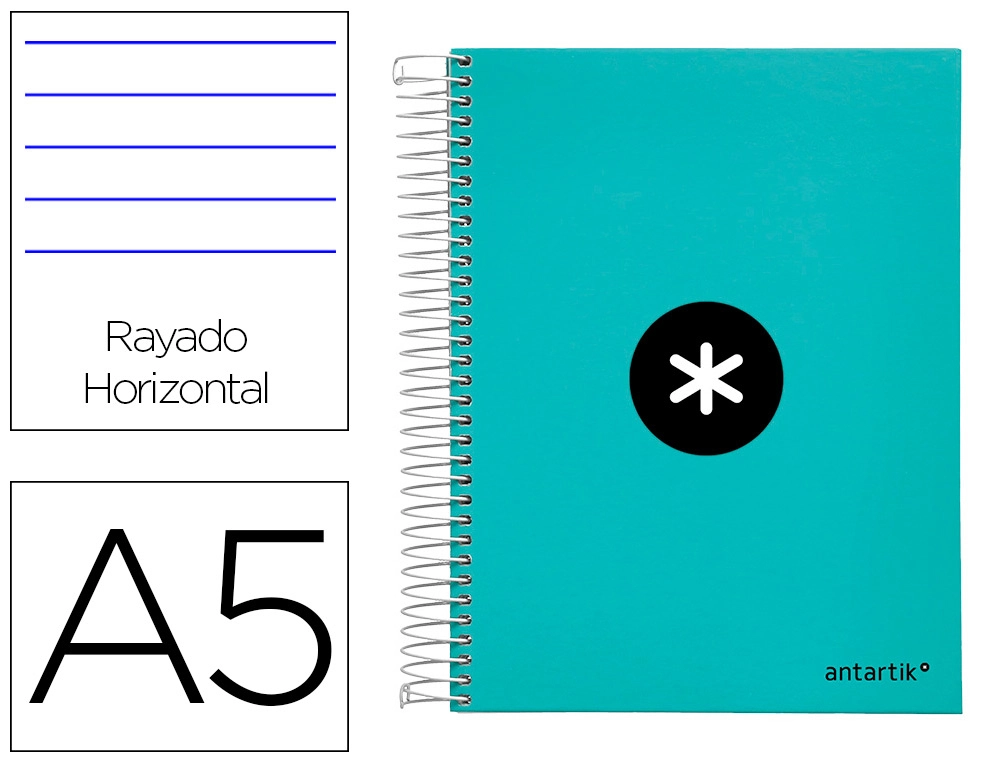 Cuaderno Espiral A5 Micro Antartik Tapa forrada120h 100 gr Horizontal 5 banda6 Taladros Color Menta