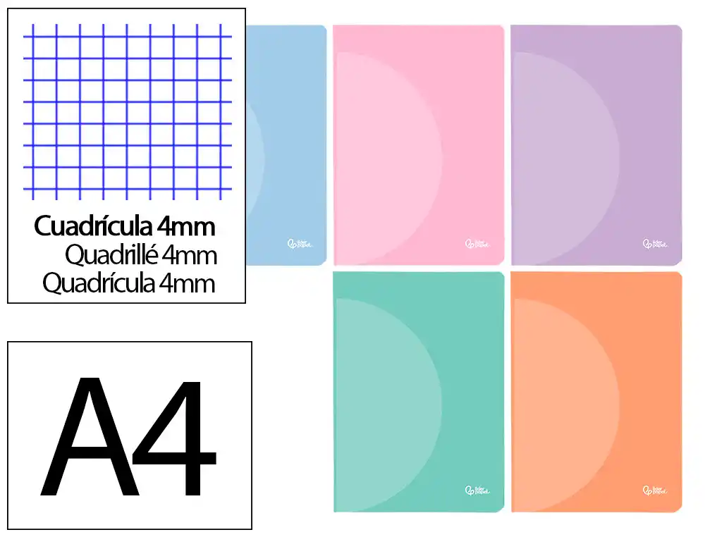 Libreta Liderpapel 360 Tapa de Plastico A4 48 Hojas 90gr Cuadro 4mm con Margen Colores Pastel Surtidos