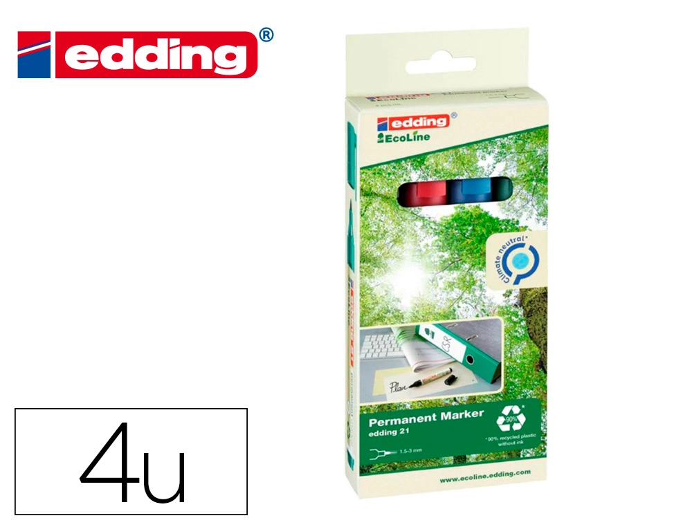 Rotulador Edding 21 Marcador Permanente Ecoline 90% Reciclado Bolsa 4 Colores Surtidos Punta Redonda 1,5-3