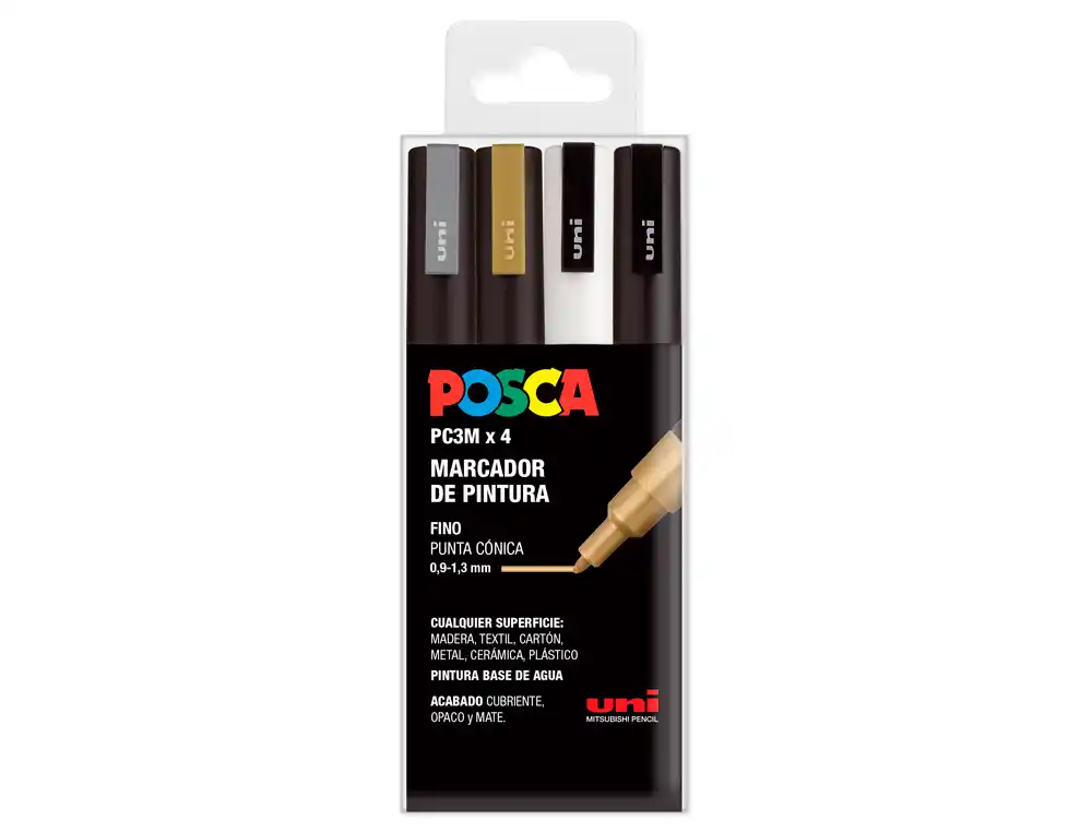 Rotulador Uni Posca PC-3m/4c Marcador de Pintura Punta Conica 0,9-1,3 mm Gswb Estuche de 4 Unidades