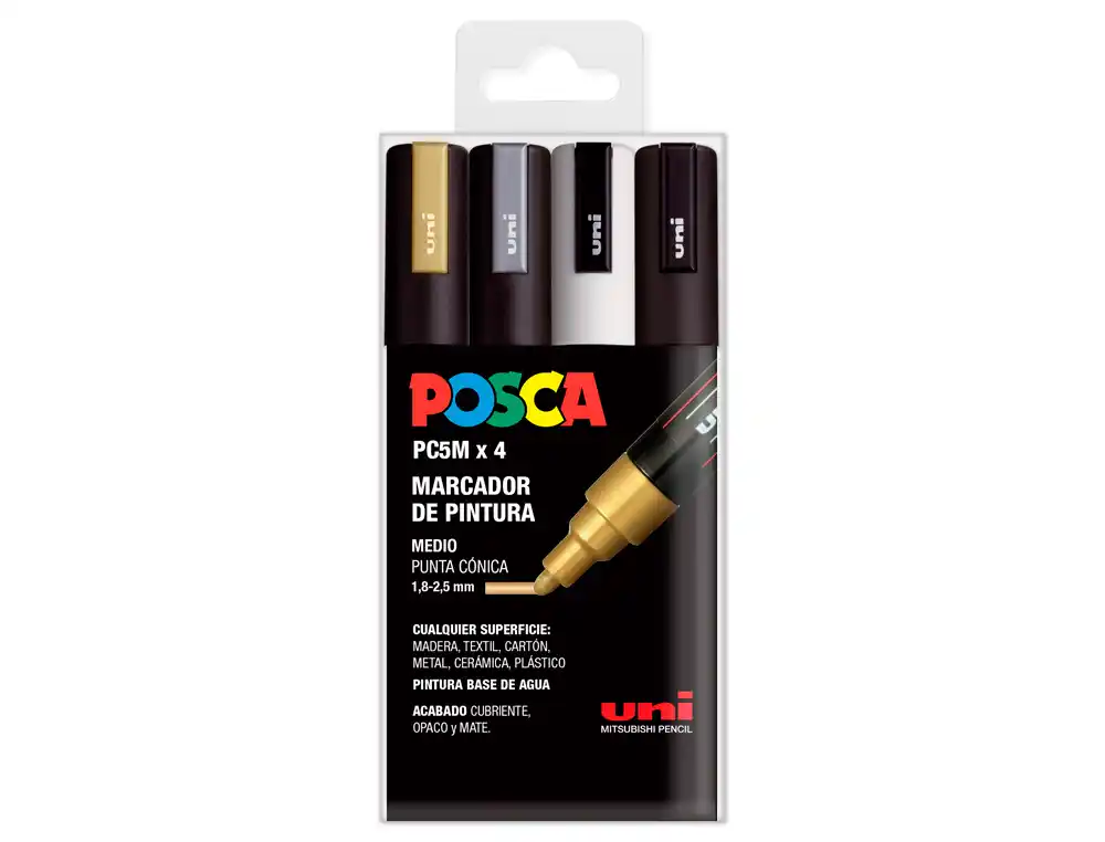 Rotulador Uni Posca PC-5m/4c Marcador de Pintura Punta Conica 1,8-2,5 mm Gswb Estuche de 4 Unidades