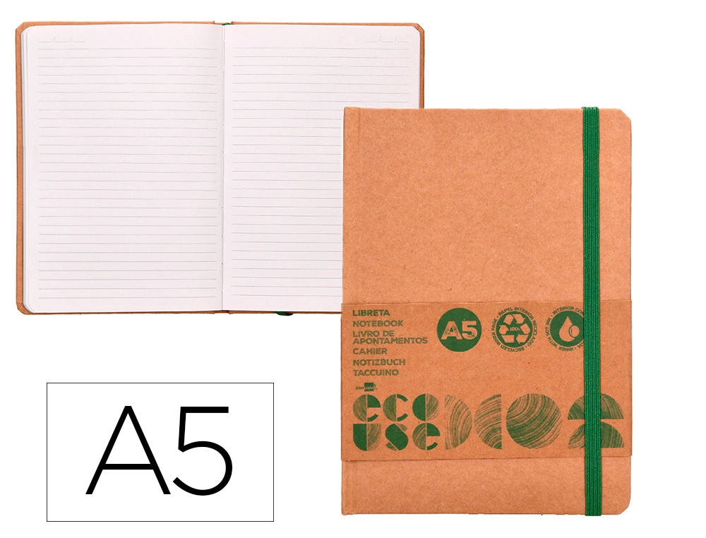 Libreta Liderpapel Ecouse 100% Reciclada A5 96 Hojas 70gr Horizontal con Gomilla y Marca Paginas