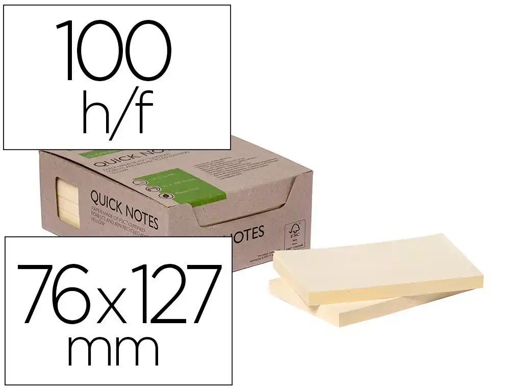 Bloc de Notas Adhesivas Quita y Pon Q-Connect 76x127 mm 100% Papel Reciclado Amarillo en Caja de Carton