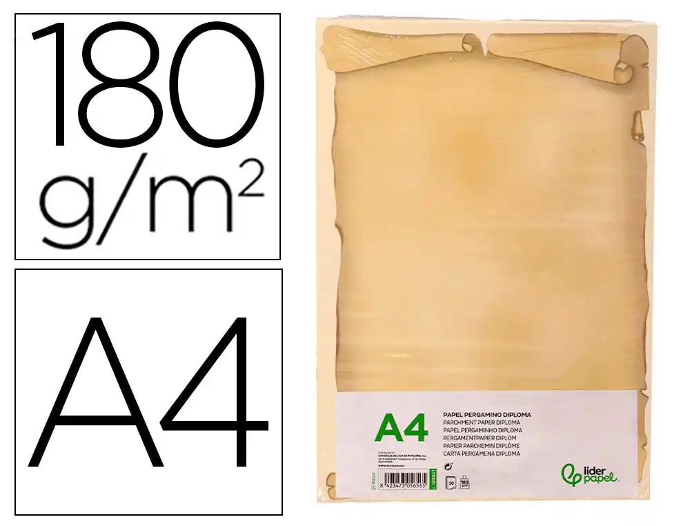 Papel Pergamino Liderpapel DIN A4 Diploma 180 gr Paquete de 50 Hojas