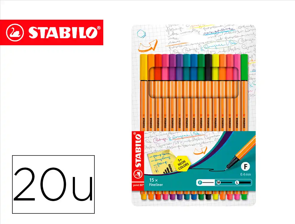 Rotulador Stabilo Punta de Fibra Point 88 Estuche de 15 Unidades Colores Surtidos + 5 Colores Neon