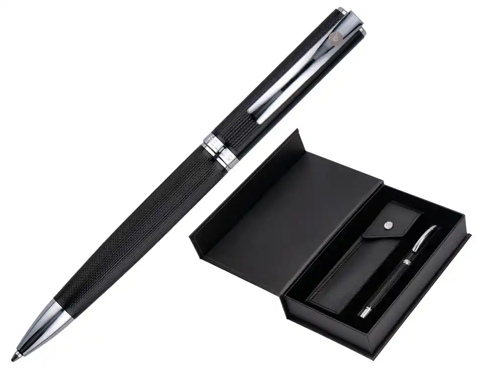 Boligrafo y Estuche Belius Turbo Aluminio Textura Punteada Negro y Plateado Tinta Azul Caja de Diseño