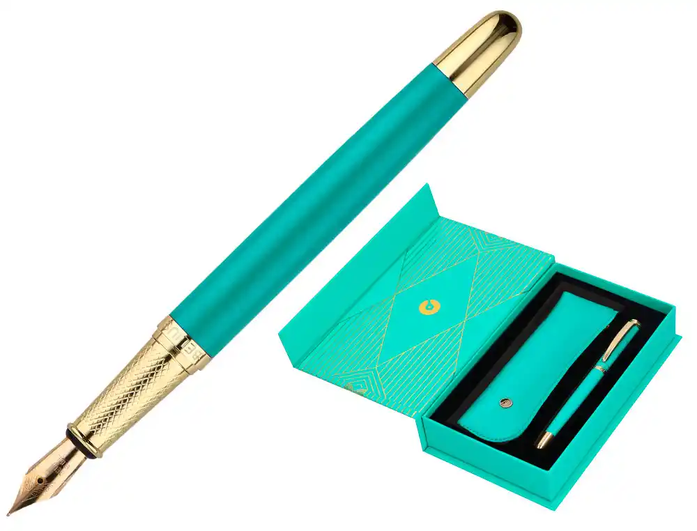 Pluma y Estuche Belius Soiree Color Art Deco Turquesa Dorado Tinta Azul Caja de Diseño