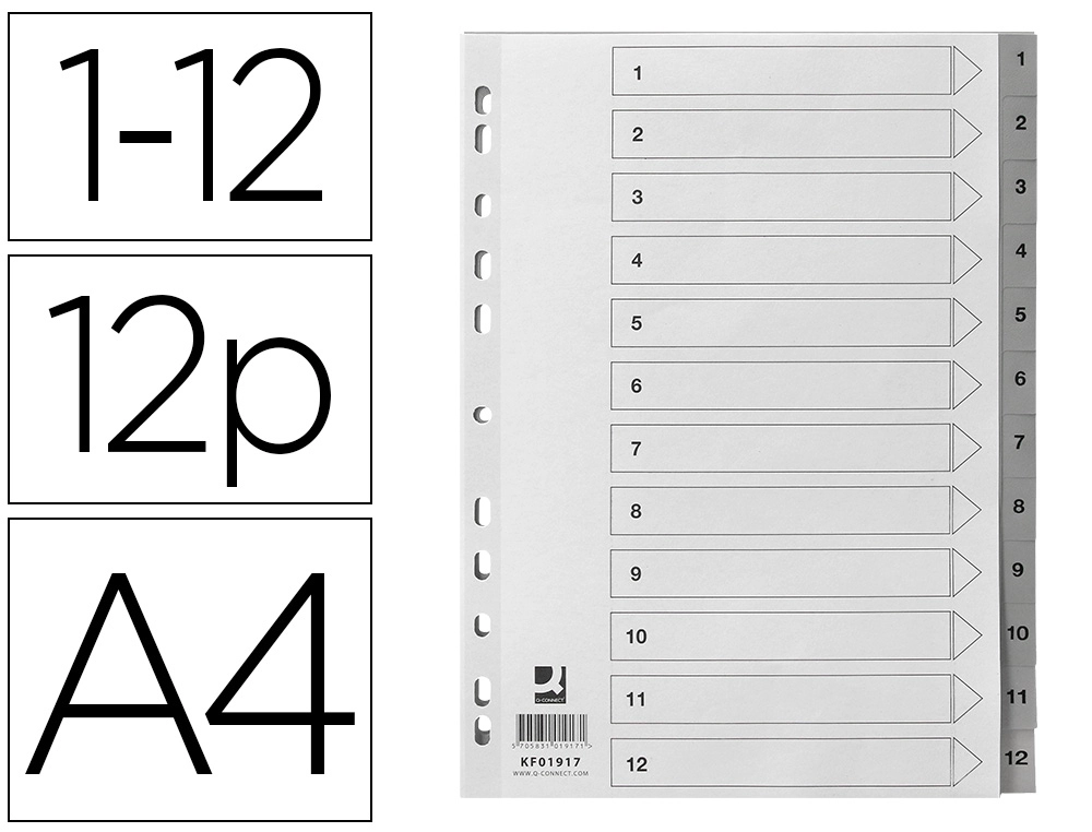 Separador Numerico Q-Connect Plastico 1-12 Juego de 12 Separadores DIN A4 Multitaladro