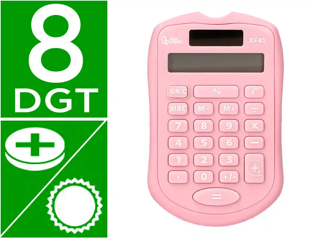 Calculadora Liderpapel Bolsillo xf41 8 Digitos Solar y Pilas Color Rosa 94x59,5x10,5mm