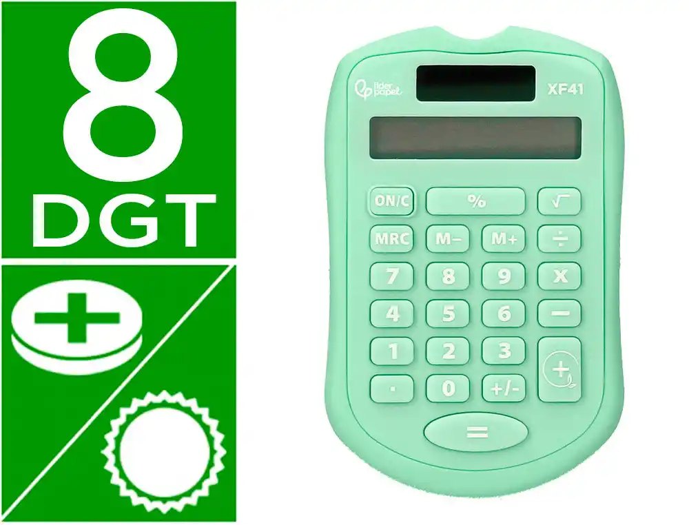 Calculadora Liderpapel Bolsillo xf42 8 Digitos Solar y Pilas Color Verde 94x59,5x10,5mm