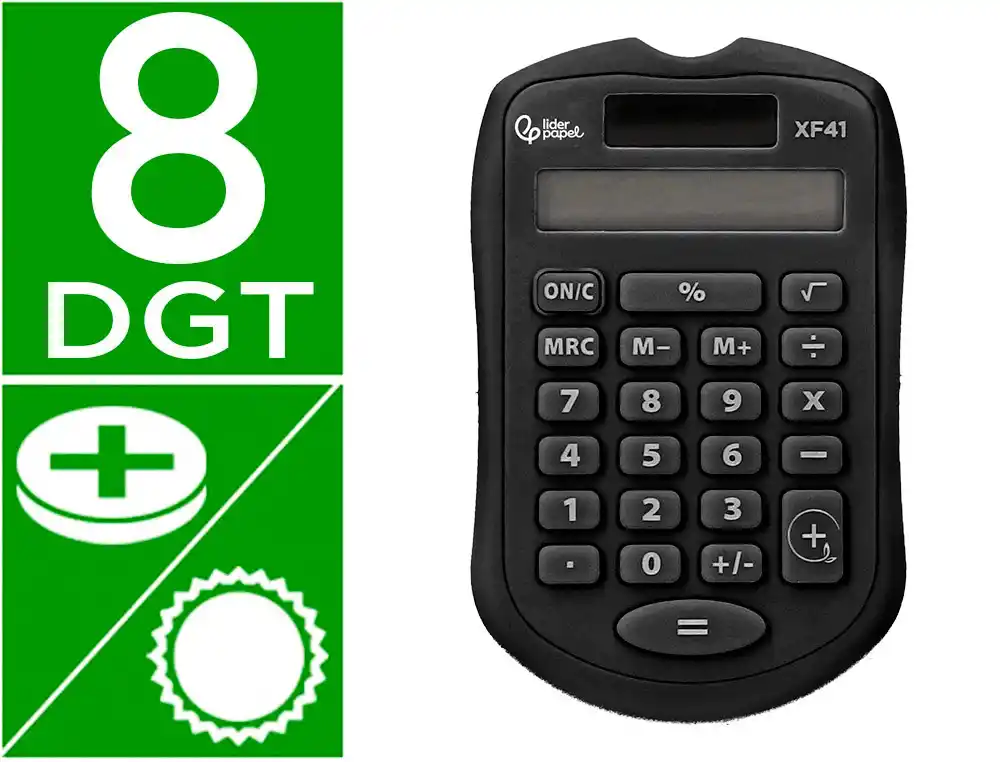 Calculadora Liderpapel Bolsillo xf43 8 Digitos Solar y Pilas Color Negro 94x59,5x10,5mm