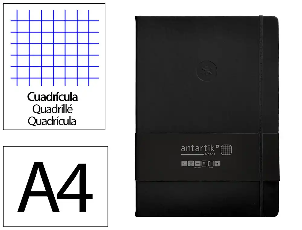Cuaderno con Gomilla Antartik Notes Tapa Dura A4 Hojas Cuadricula Negro 100 Hojas 80 gr Fsc