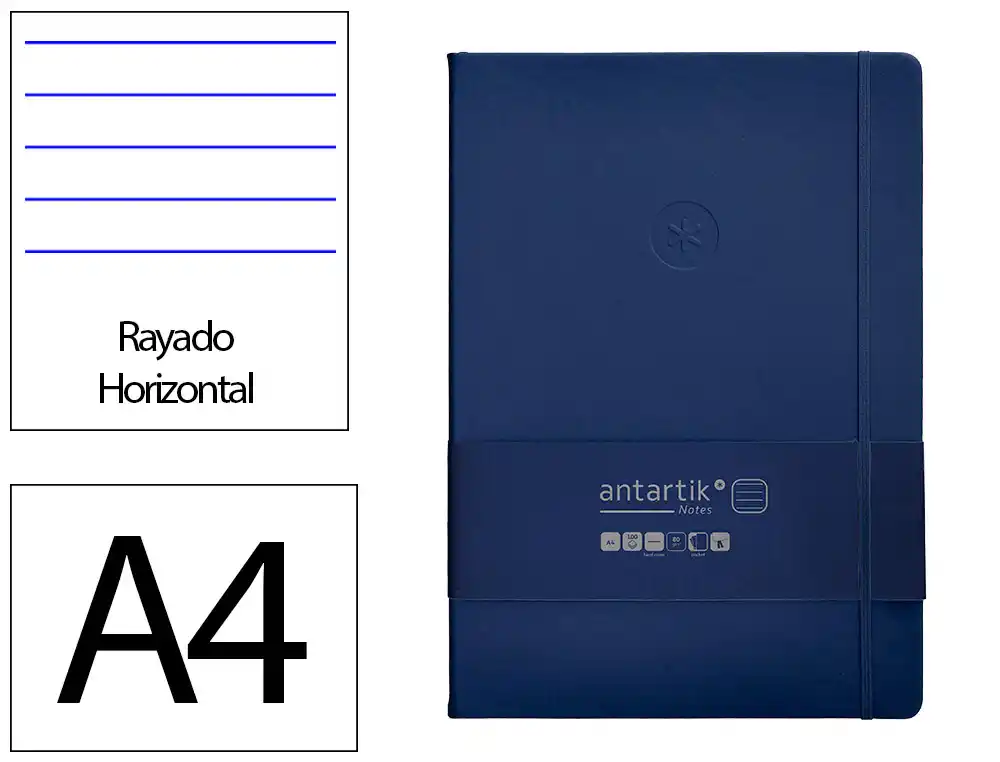 Cuaderno con Gomilla Antartik Notes Tapa Dura A4 Hojas Rayas Azul Marino 100 Hojas 80 gr Fsc