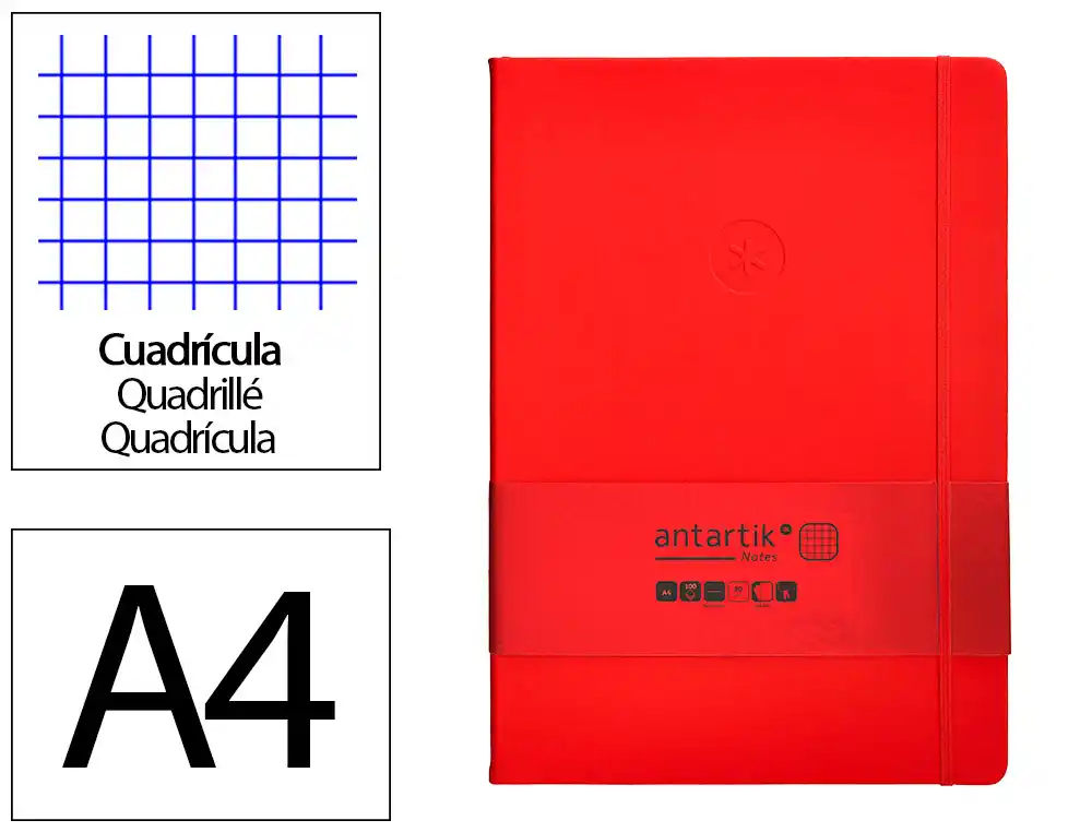 Cuaderno con Gomilla Antartik Notes Tapa Dura A4 Hojas Cuadricula Rojo 100 Hojas 80 gr Fsc