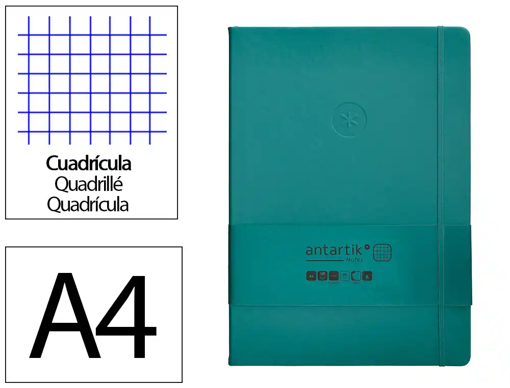Cuaderno con Gomilla Antartik Notes Tapa Dura A4 Hojas Cuadricula Verde Aguamarina 100 Hojas 80 gr
