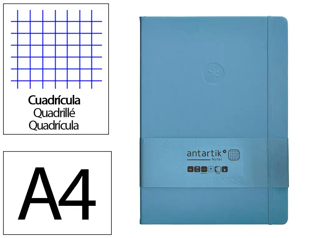 Cuaderno con Gomilla Antartik Notes Tapa Dura A4 Hojas Cuadricula Azul Claro 100 Hojas 80 gr Fsc