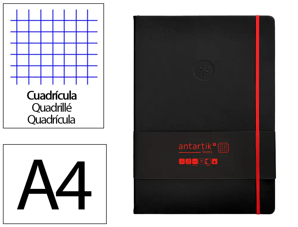 Cuaderno con Gomilla Antartik Notes Tapa Dura A4 Hojas Cuadricula Negro y Rojo 100 Hojas 80 gr Fsc