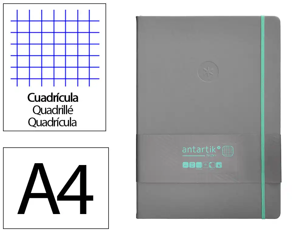 Cuaderno con Gomilla Antartik Notes Tapa Dura A4 Hojas Cuadricula Gris y Turquesa 100 Hojas 80 gr Fsc