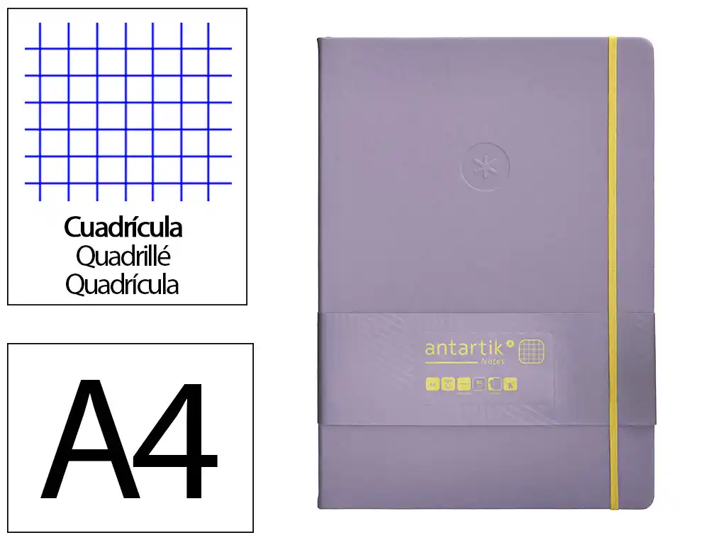 Cuaderno con Gomilla Antartik Notes Tapa Dura A4 Hojas Cuadricula Morado y Amarillo 100 Hojas 80 gr Fsc