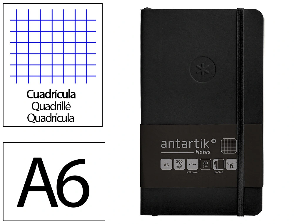 Cuaderno con Gomilla Antartik Notes Tapa Blanda A6 Cuadricula Negro 100 Hojas 80 gr Fsc